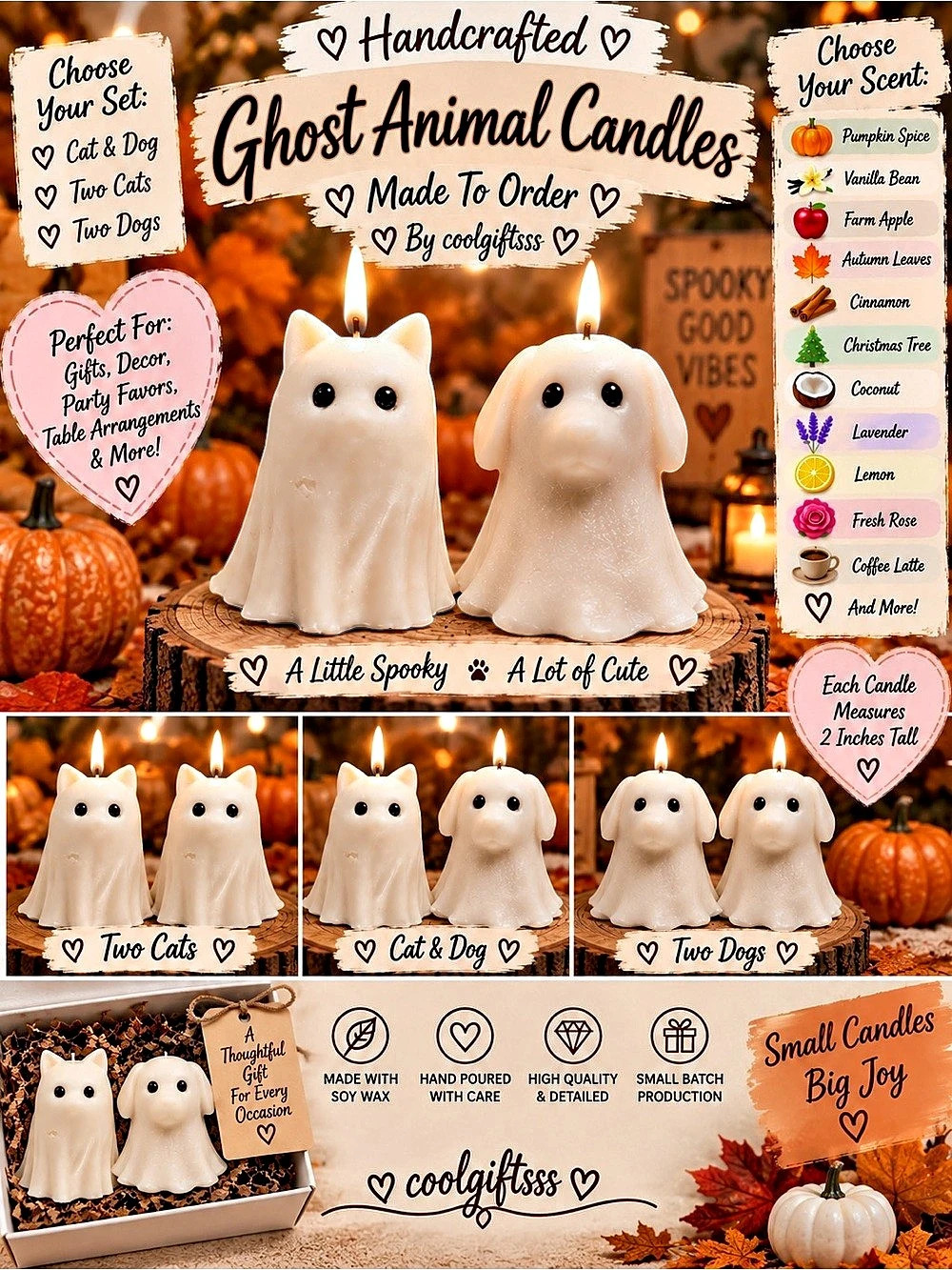 Ghost Cat & Dog Candles | Handmade Soy Wax | Choose Your Scent & Set | 2"